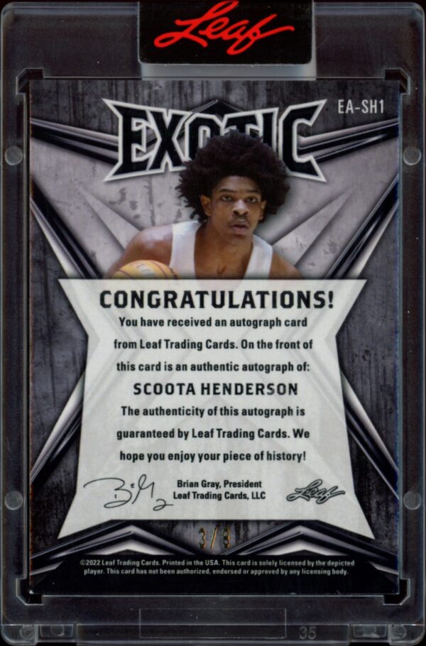 2022-23 Leaf Exotic Scoota Henderson Zebra Stripe #EA-SH1 (/8) (Auto) (Back)