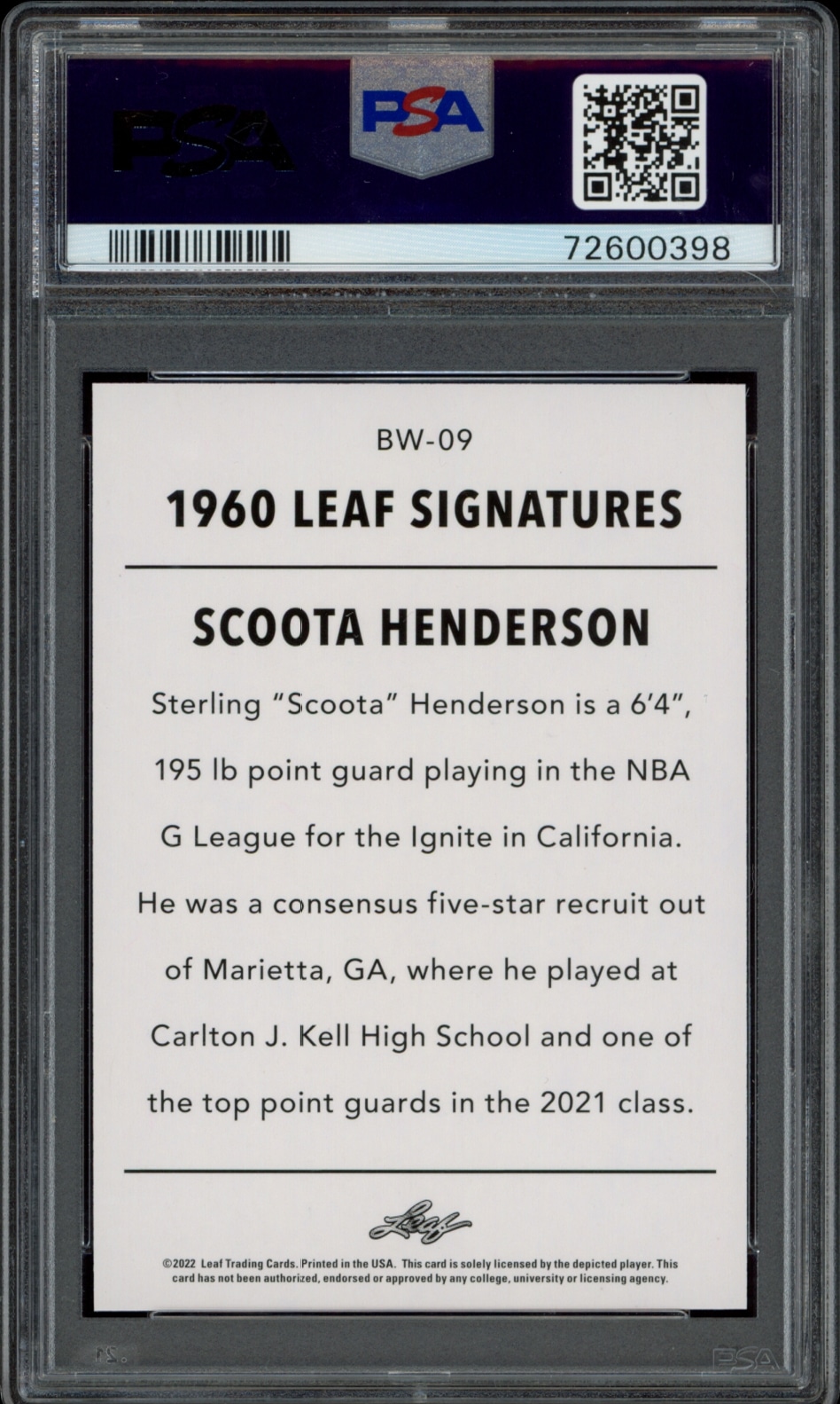 Scoot Henderson 2022-23 Leaf Draft Rookie Card #B-2 (Mint 9) – 1st