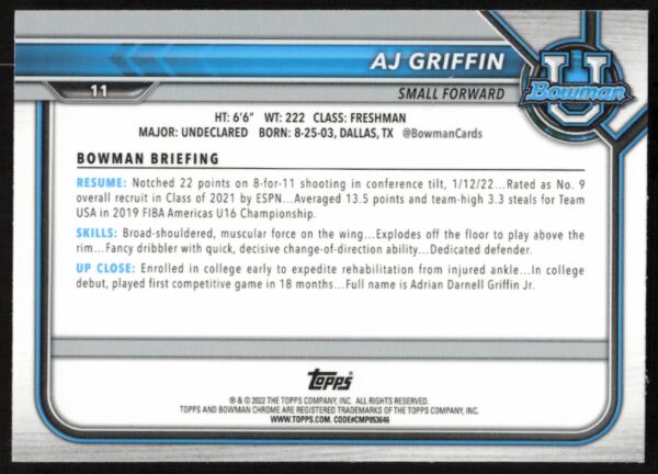 2022 Bowman University AJ Griffin Shimmer Refractor #11 (Back)