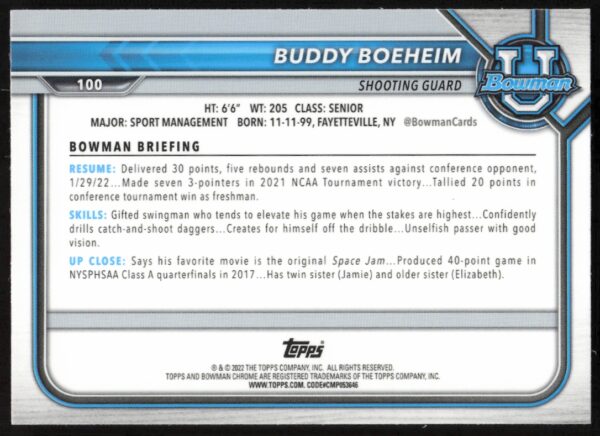 2022 Bowman University Buddy Boeheim Refractor #100 (Back)