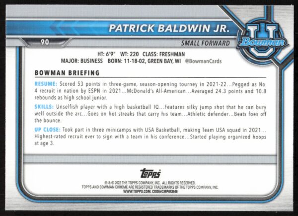 2022 Bowman University Patrick Baldwin Jr. Refractor #90 (Back)