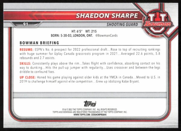 2022 Bowman University Shaedon Sharpe #91 (Back)