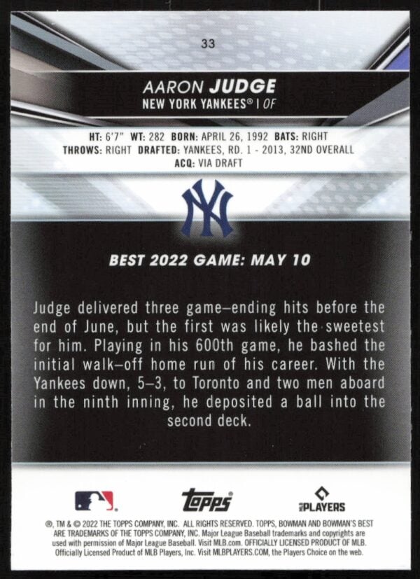 2022 Bowman's Best Aaron Judge #33 (Back)