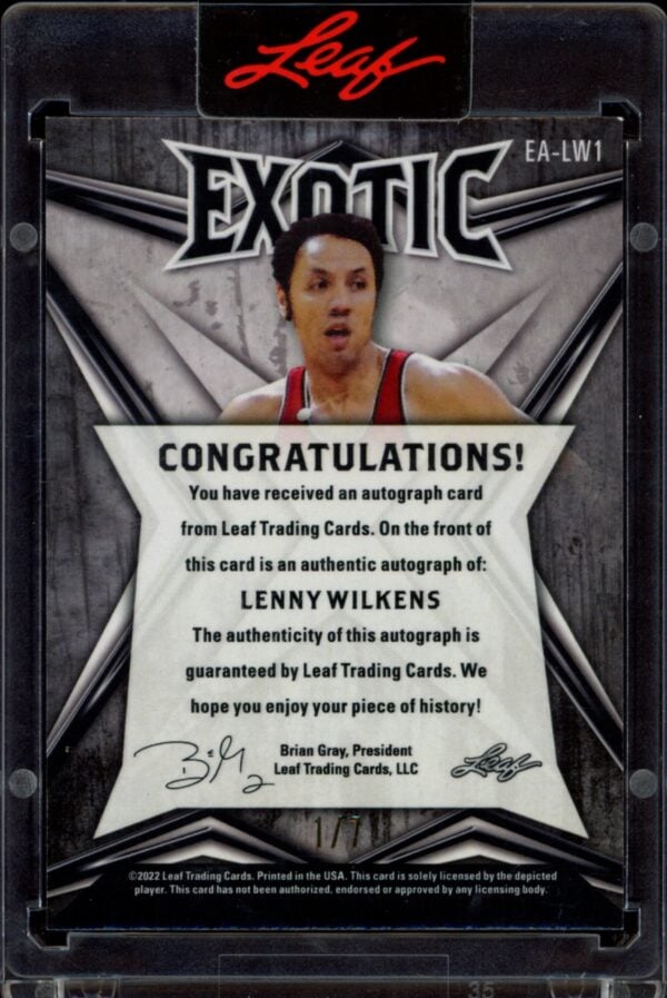 2022 Leaf Exotic Lenny Wilkens Peacock #EA-LW1 (/7) (Auto) (Back)