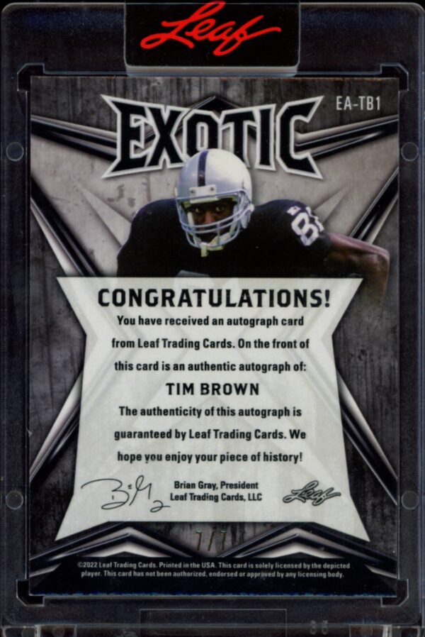 2022 Leaf Exotic Tim Brown Peacock #EA-TB1 (/7) (Auto) (Back)