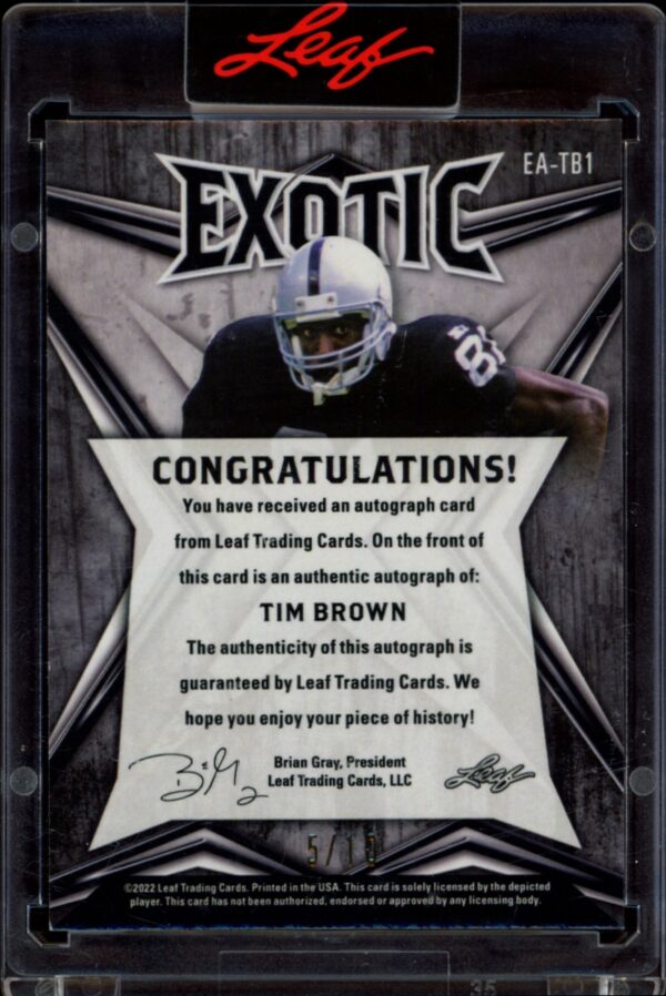 2022 Leaf Exotic Tim Brown Tiger Stripe #EA-TB1 (/10) (Auto) (Back)