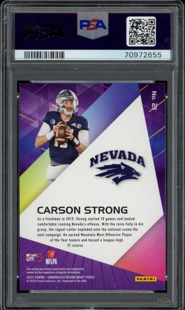 PSA-graded Carson Strong football card from 2022 Panini Chronicles Draft Picks collection.