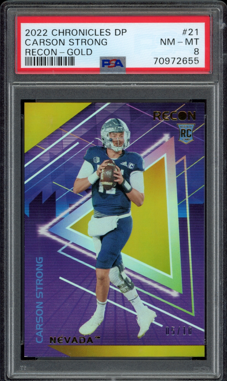 PSA 8 graded 2022 Panini Chronicles Draft Picks card featuring Carson Strong in action.