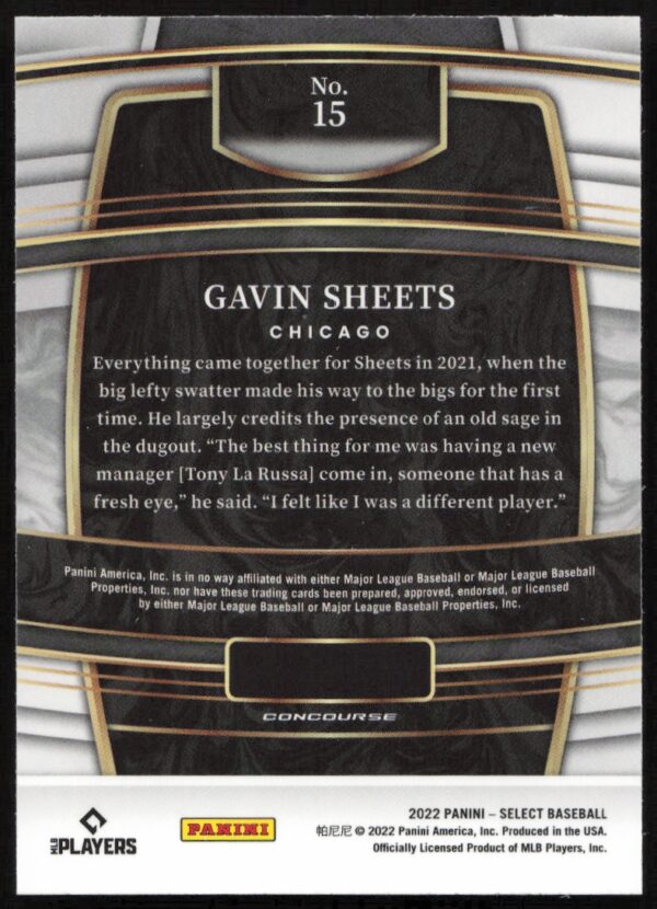 2022 Panini Select Gavin Sheets Light Blue Prizm #15 (Back)