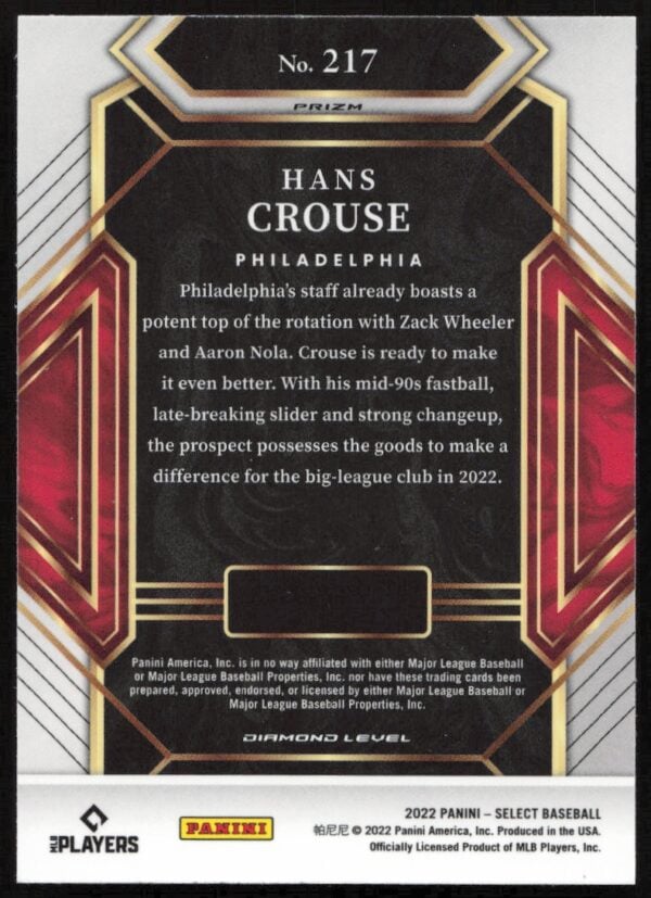 2022 Panini Select Hans Crouse Diamond Level #217 (Back)