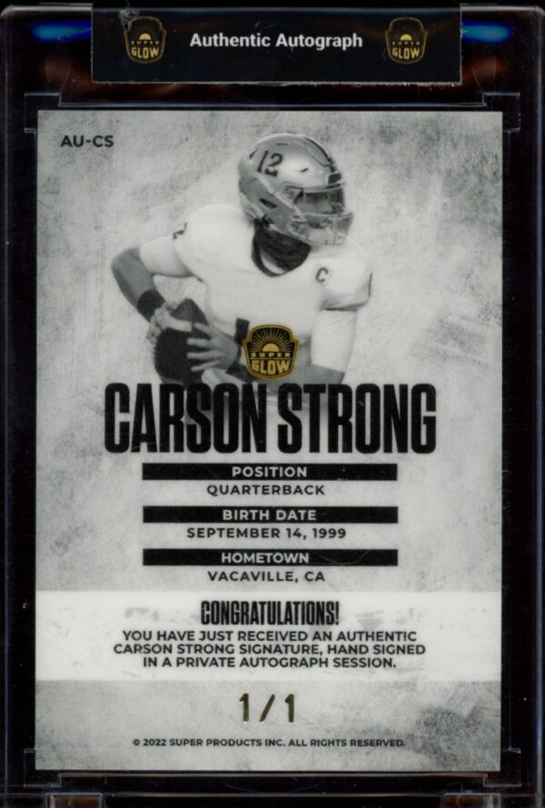 2022 Super Glow Carson Strong Dazzle Pink #AU-CS (/1) (Auto) (Back)