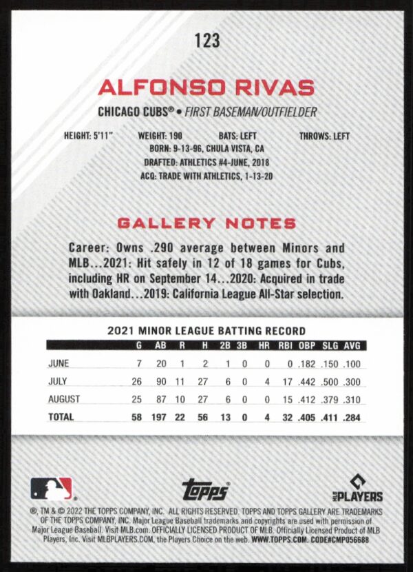 2022 Topps Gallery Alfonso Rivas #123 (Back)