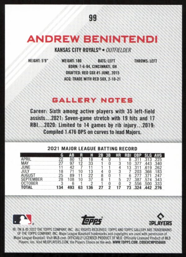 2022 Topps Gallery Andrew Benintendi #99 (Back)