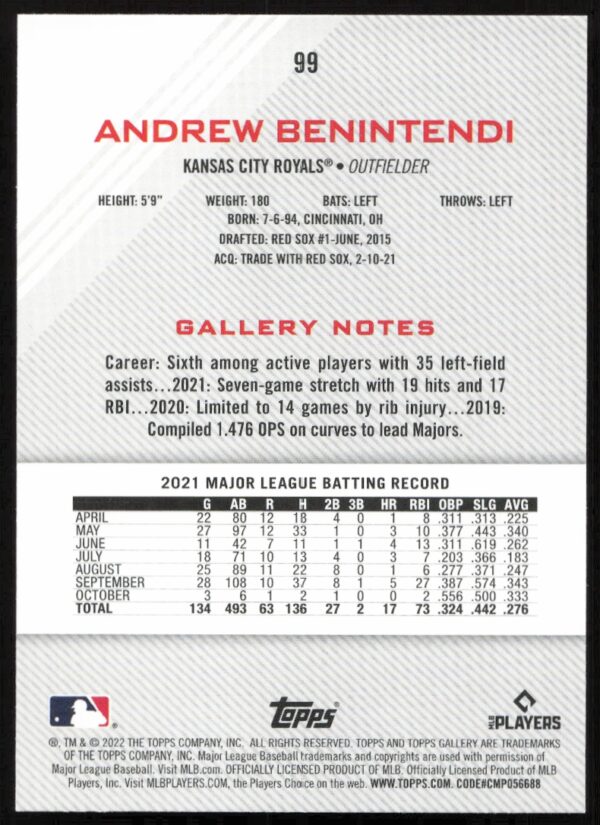 2022 Topps Gallery Andrew Benintendi Rainbow Foil #99 (Back)