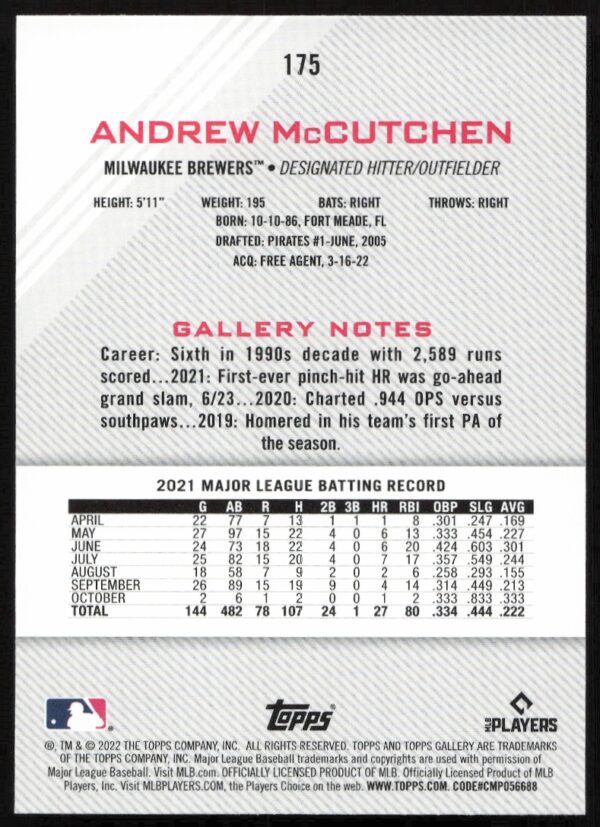 2022 Topps Gallery Andrew McCutchen #175 (Back)