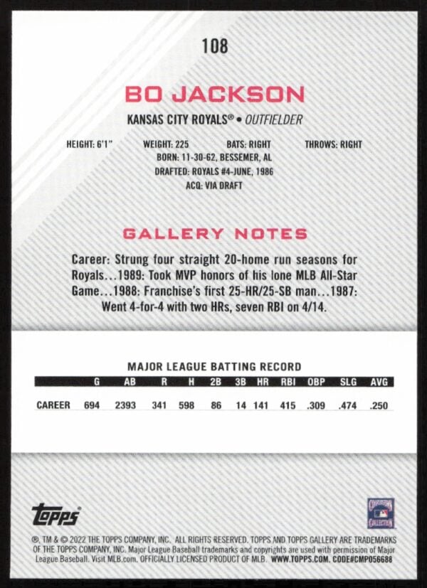 2022 Topps Gallery Bo Jackson #108 (Back)