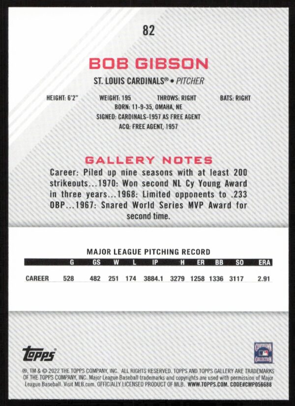 2022 Topps Gallery Bob Gibson #82 (Back)