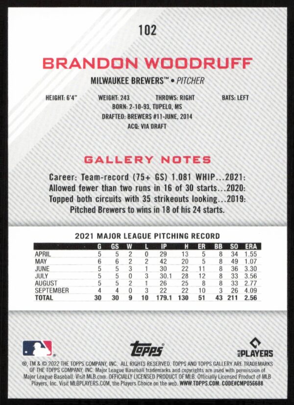 2022 Topps Gallery Brandon Woodruff #102 (Back)