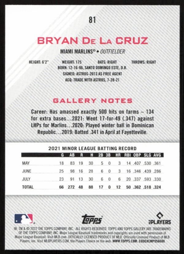 2022 Topps Gallery Bryan De La Cruz #81 (Back)