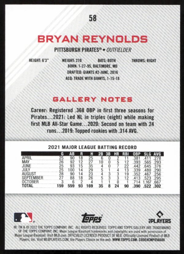 2022 Topps Gallery Bryan Reynolds #58 (Back)