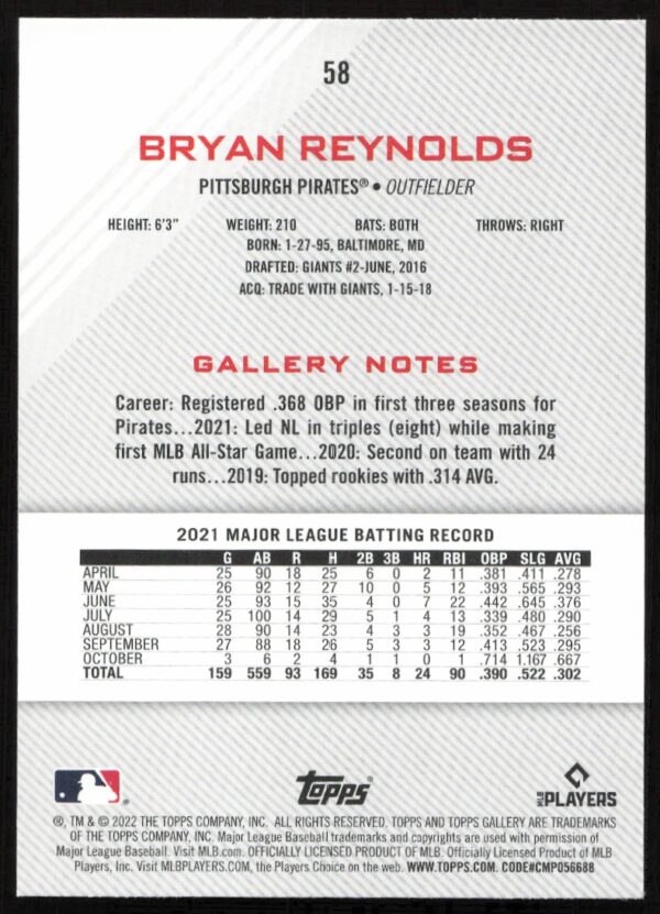 2022 Topps Gallery Bryan Reynolds Rainbow Foil #58 (Back)