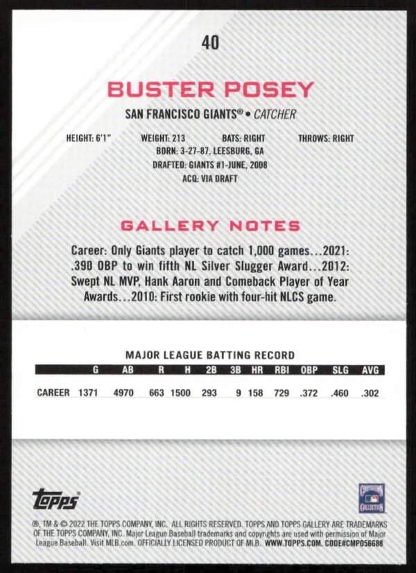 2022 Topps Gallery Buster Posey #40 (Back)