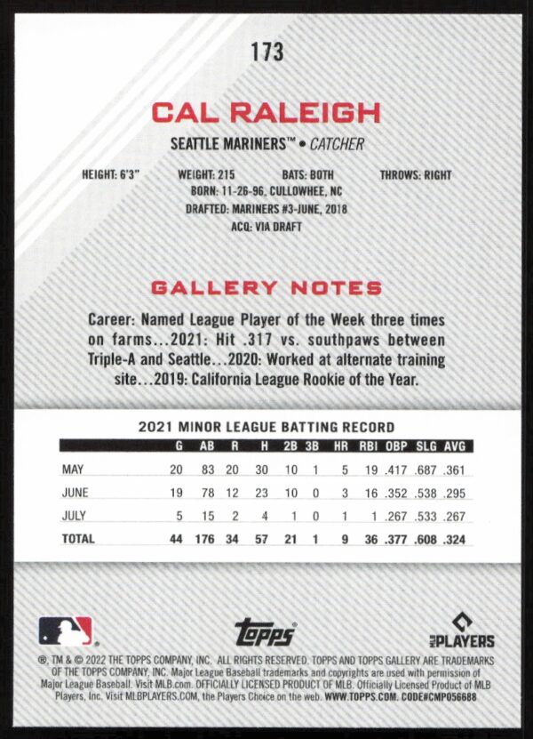 2022 Topps Gallery Cal Raleigh #173 (Back)