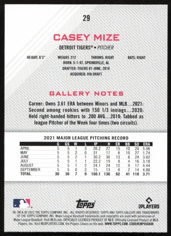 2022 Topps Gallery Casey Mize #29 (Back)