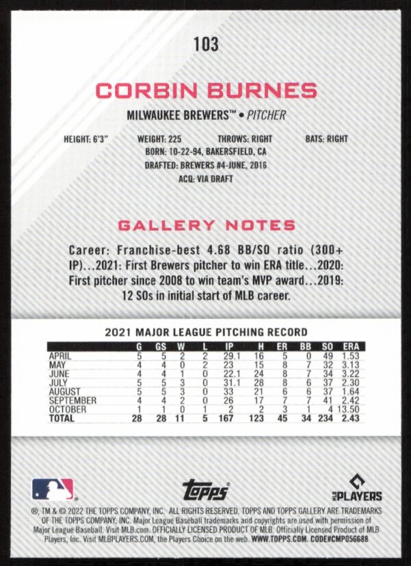 2022 Topps Gallery Corbin Burnes #103 (Back)