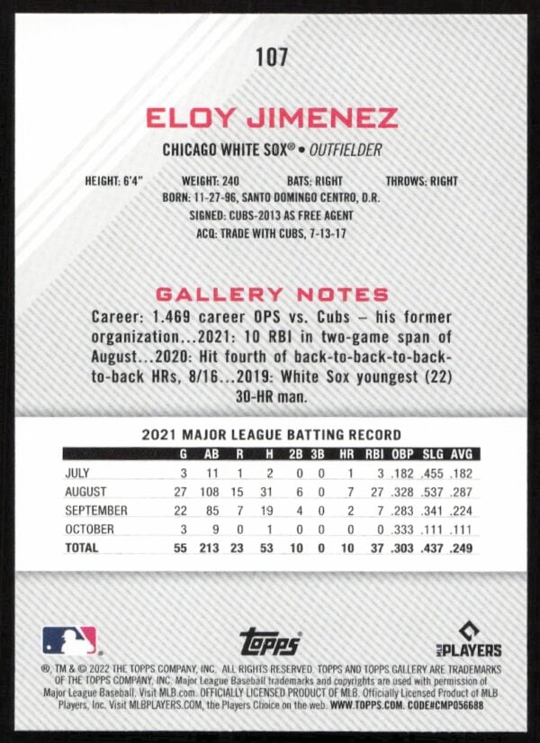 2022 Topps Gallery Eloy Jimenez #107 (Back)