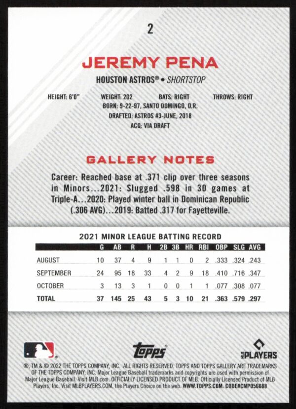 2022 Topps Gallery Jeremy Pena #2 (Back)