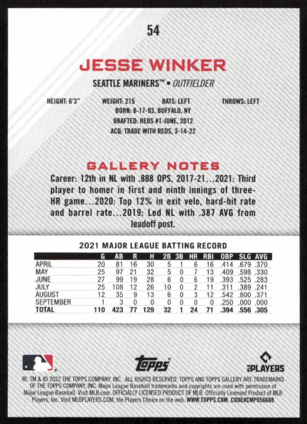 2022 Topps Gallery Jesse Winker #54 (Back)