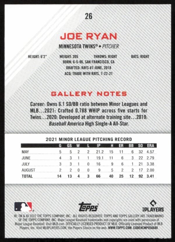 2022 Topps Gallery Joe Ryan #26 (Back)