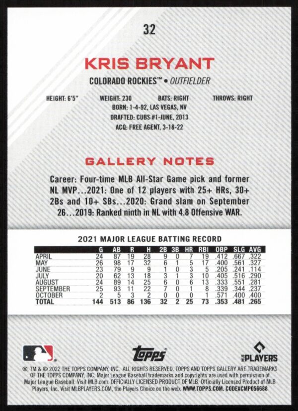 2022 Topps Gallery Kris Bryant #32 (Back)