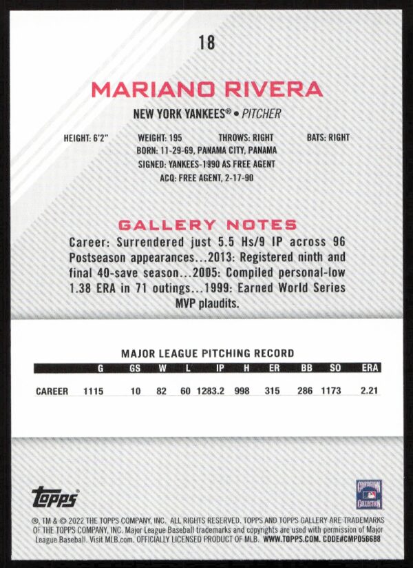 2022 Topps Gallery Mariano Rivera #18 (Back)