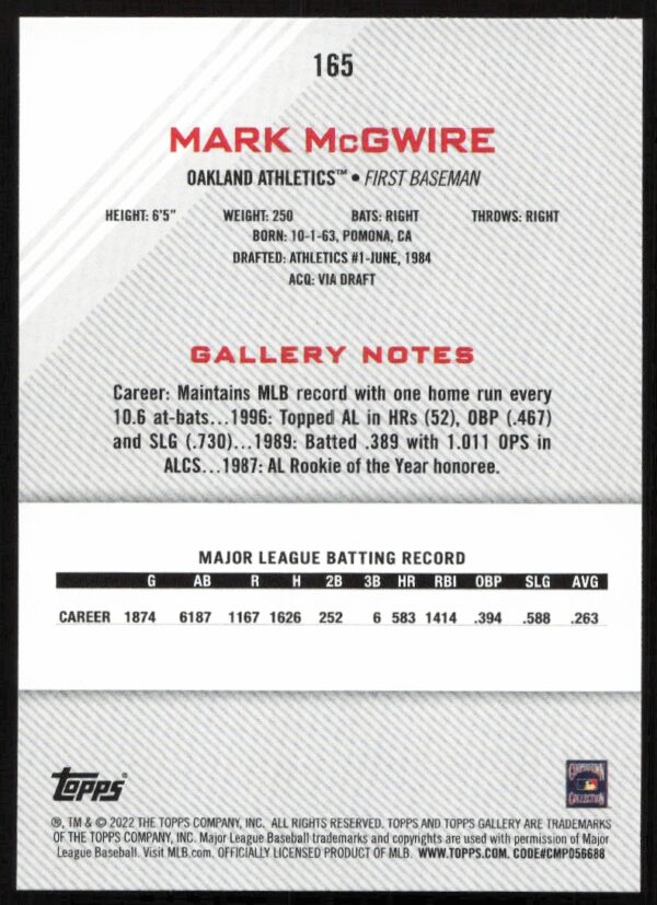 2022 Topps Gallery Mark McGwire #165 (Back)