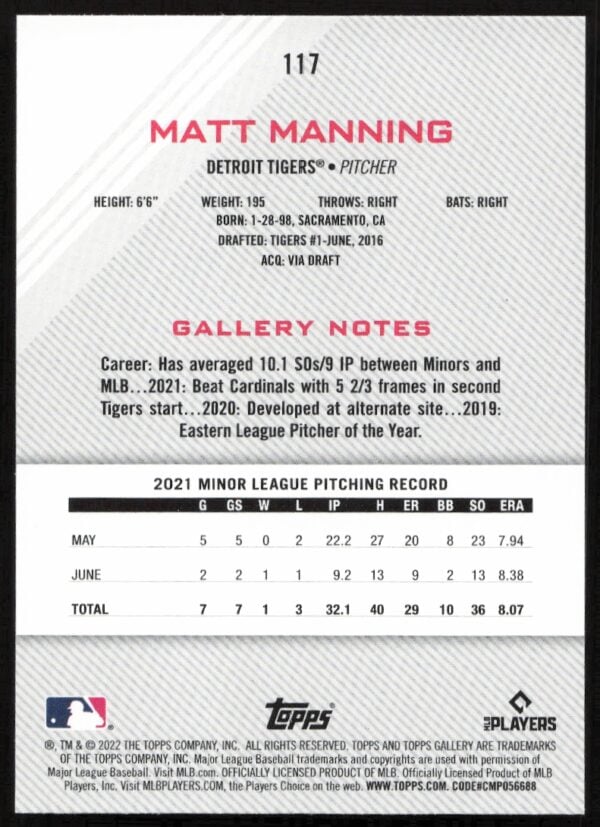 2022 Topps Gallery Matt Manning #117 (Back)