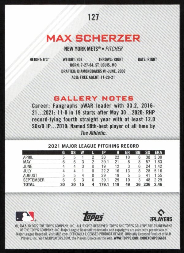 2022 Topps Gallery Max Scherzer Rainbow Foil #127 (Back)