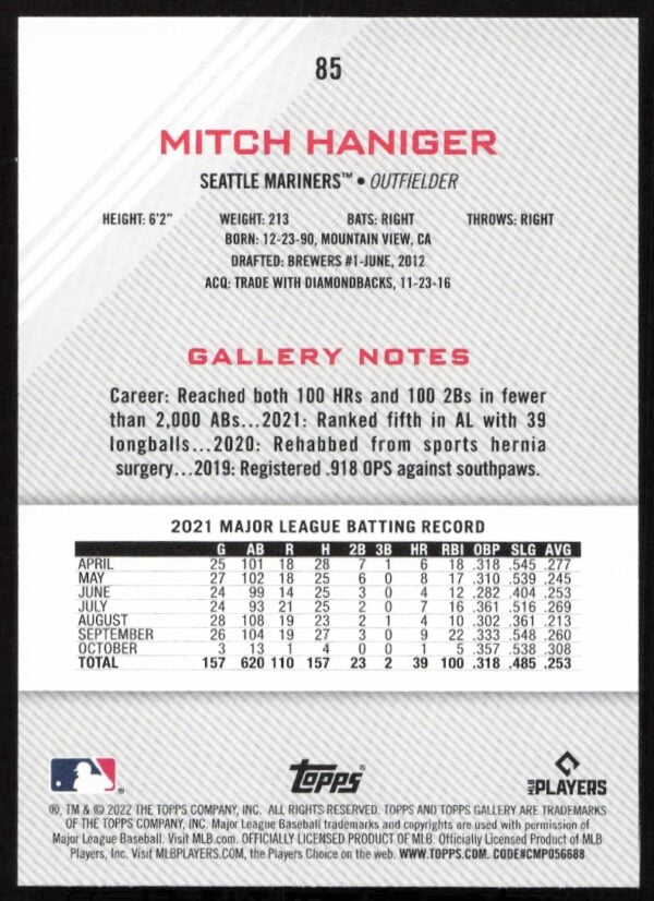 2022 Topps Gallery Mitch Haniger #85 (Back)