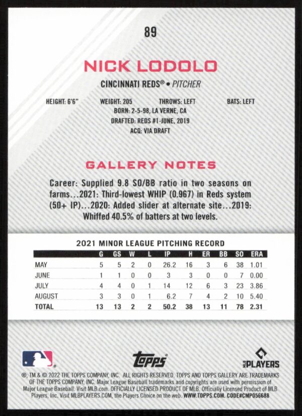 2022 Topps Gallery Nick Lodolo #89 (Back)