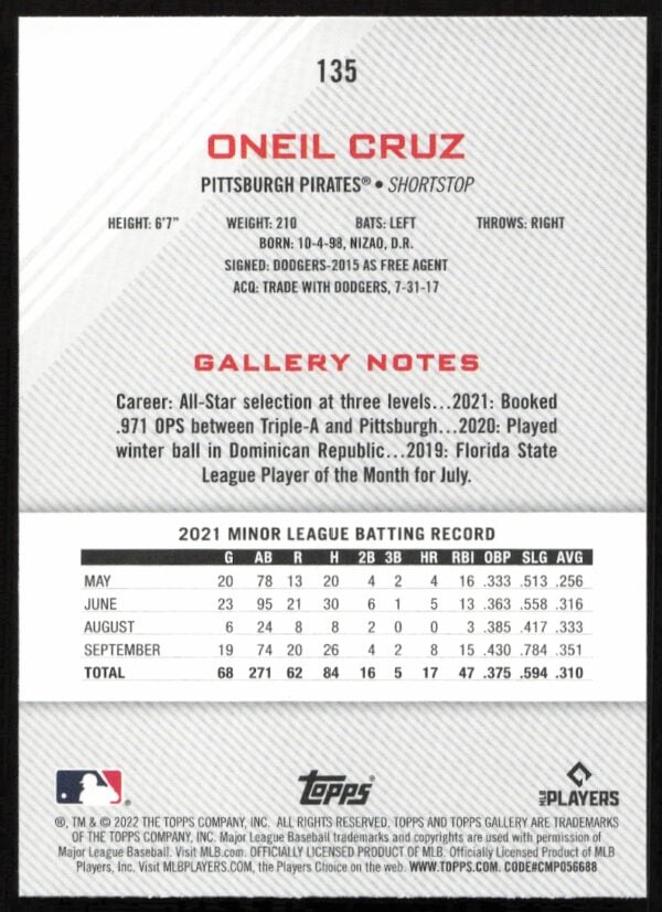 2022 Topps Gallery Oneil Cruz Rainbow Foil #135 (Back)