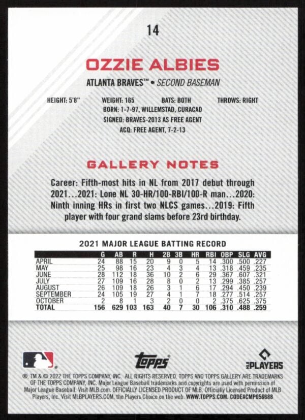 2022 Topps Gallery Ozzie Albies #14 (Back)