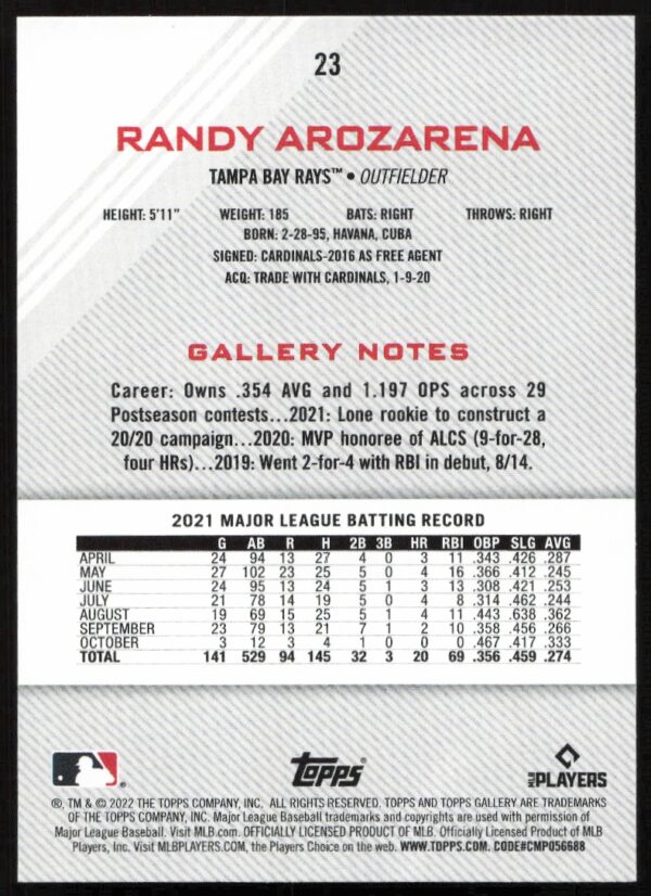 2022 Topps Gallery Randy Arozarena #23 (Back)