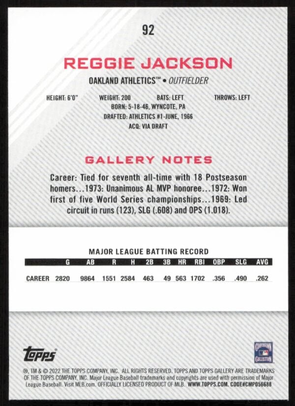 2022 Topps Gallery Reggie Jackson #92 (Back)