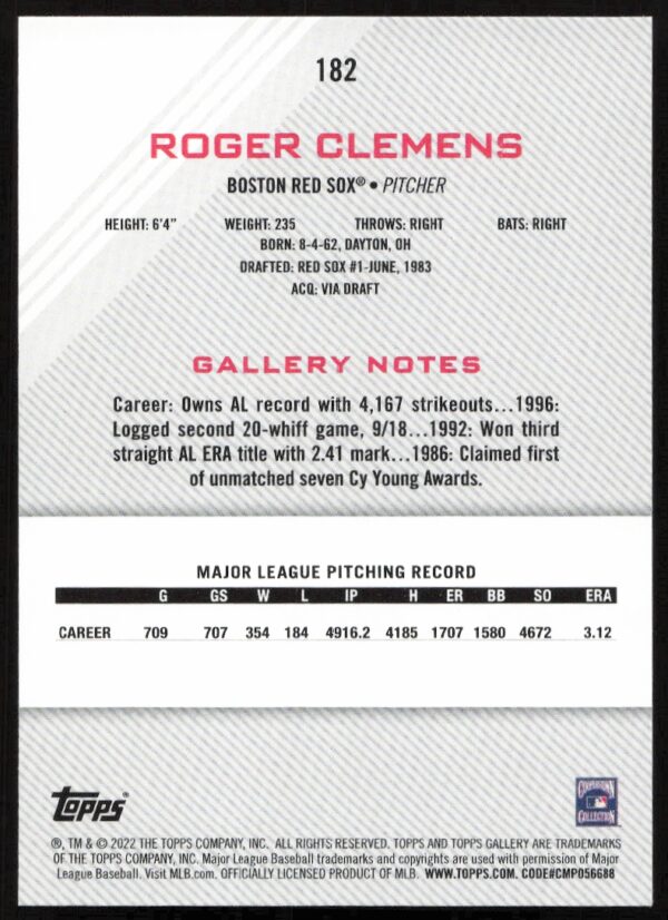 2022 Topps Gallery Roger Clemens #182 (Back)