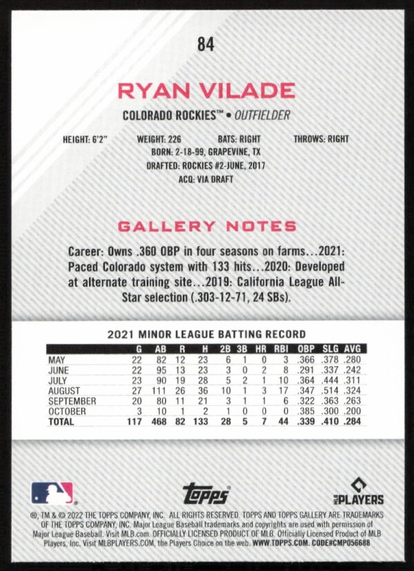 2022 Topps Gallery Ryan Vilade #84 (Back)