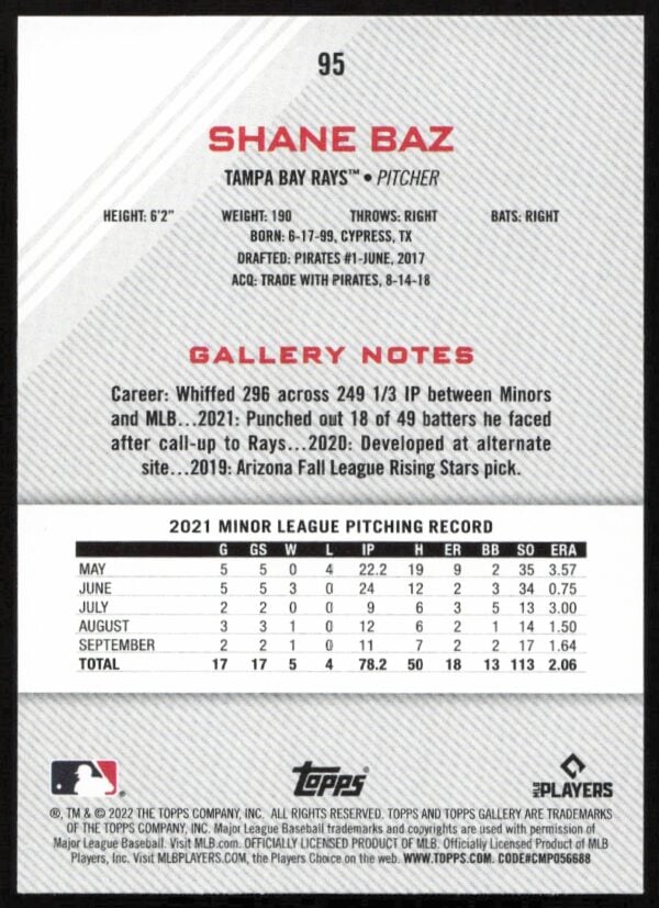 2022 Topps Gallery Shane Baz #95 (Back)