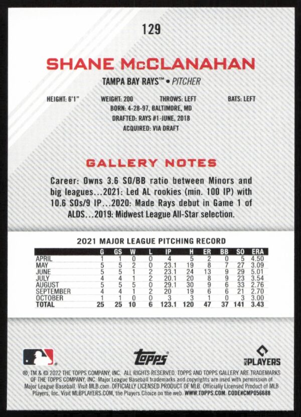 2022 Topps Gallery Shane McClanahan #129 (Back)