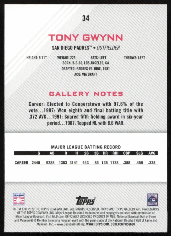 2022 Topps Gallery Tony Gwynn #34 (Back)