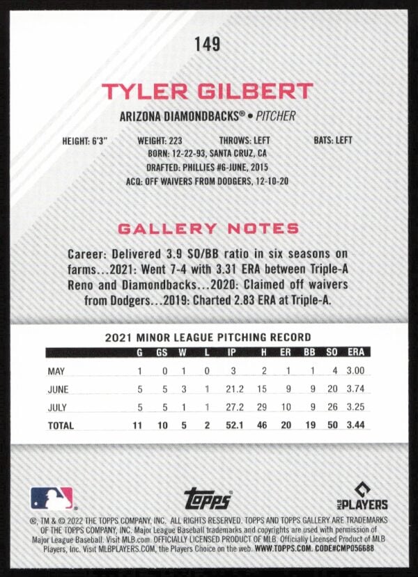 2022 Topps Gallery Tyler Gilbert #149 (Back)